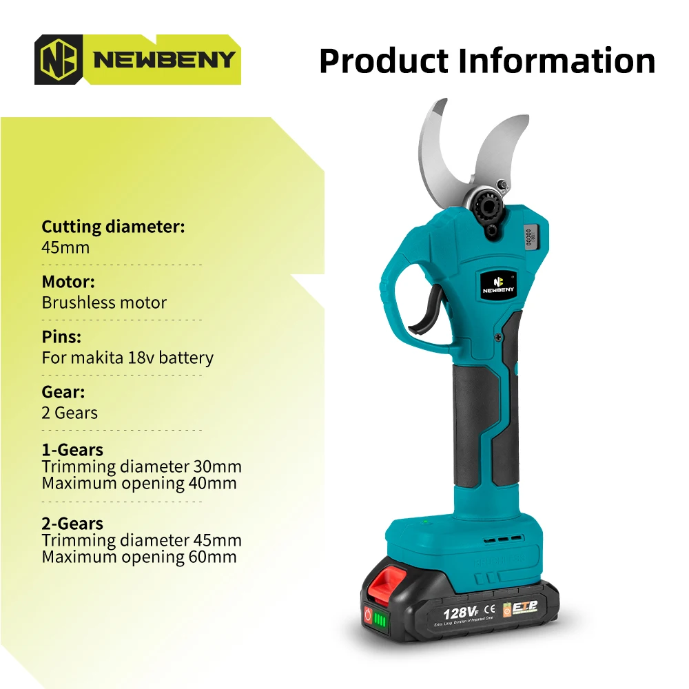 NEWBENY 45mm Brushless Electric Pruning Shears 2 Gears Cordless Fruit Tree Branches Garden Beautify Tools For Makita 18V Battery 2