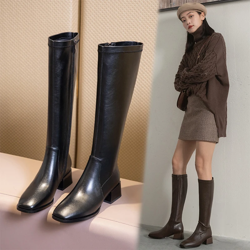 

2022 autumn and winter Women knee-high boots natural leather 22-25cm cowhide +Elastic PU Knight boots side zipper long boots