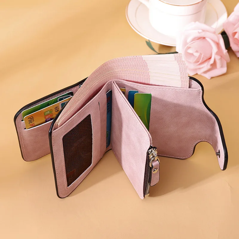 Fashion Women's Short Wallets PU Leather Matte High-Capacity Casual Coin Purse Zipper Money Bag Hasp Clutch Card Holder Clip