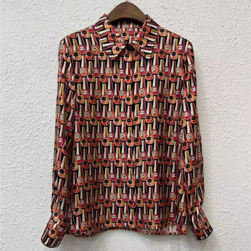 

Colorful Letter Printed Lapel Long-sleeved Silk Shirt 2023 Autumn New Women Top