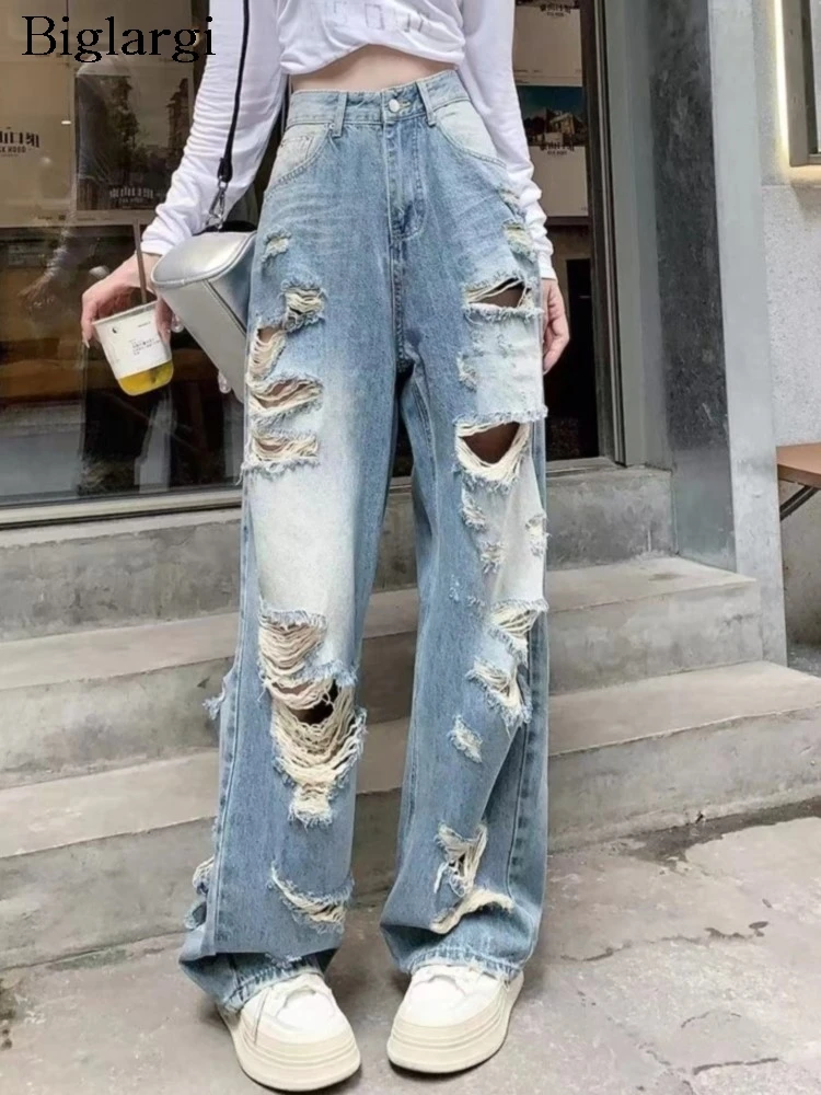 

Джинсы Летние Новые длинные брюки женские Асимметричные модные плиссированные женские брюки с дырками корейский стиль Свободные плиссированные женские брюки с широкими штанинами