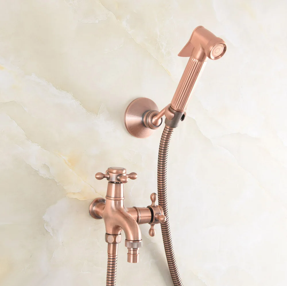 

Antique Red Copper Two Handles Toilet Bidet faucet Cold wall mounted Bathroom Washing Machine Tap Portable Bidet Sprayer aav507