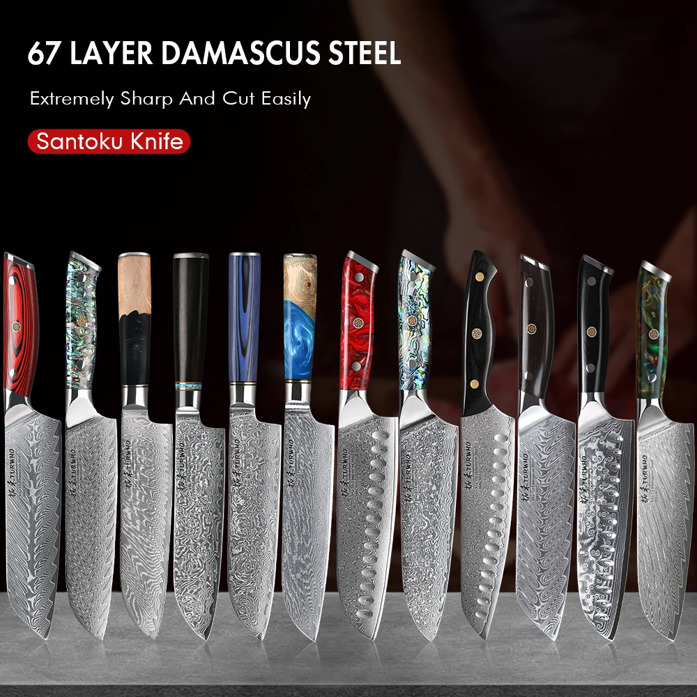 

TURWHO 7" Japanese Santoku Knife Damascus Steel Kitchen Chef Knives Vegetable Meat Slicing Utility Professional Kitchen Tools