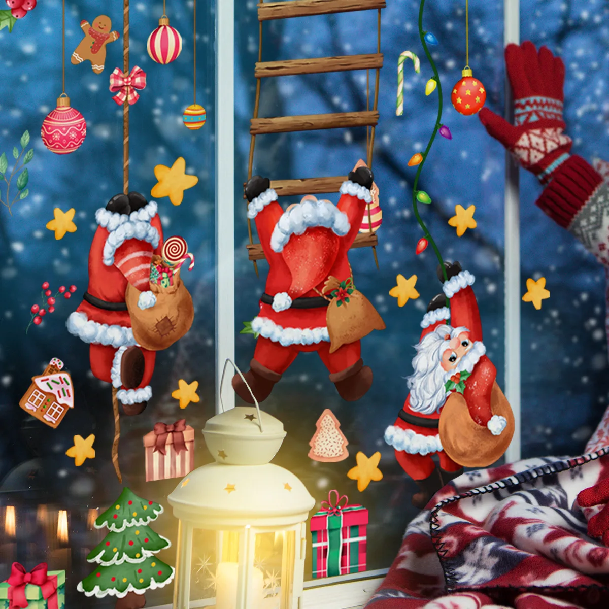 Reindeer Penguin Snowman Santa Sleigh Static Cling Sticker Multi-Element Double-Sided Window Decal for Christmas Decor