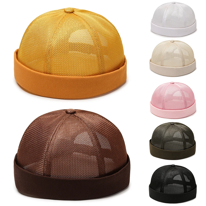 Vintage Dome Hat Mens Mesh Breathable Brimless Caps Solid Color Street