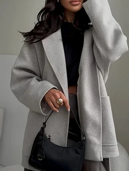 Cappotto di lana a maniche lunghe spesso autunno inverno Semplice temperamento tinta unita Giacca con lacci Capispalla allentato con tasca risvolto da donna 1