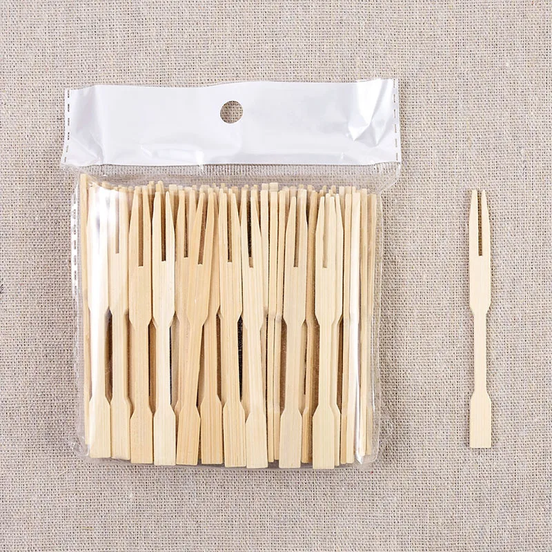 

100pcs Bamboo Disposable Wooden Fruit Fork Dessert Cocktail Fork Set Birthday Party Home Household Decoration Tableware Supplies