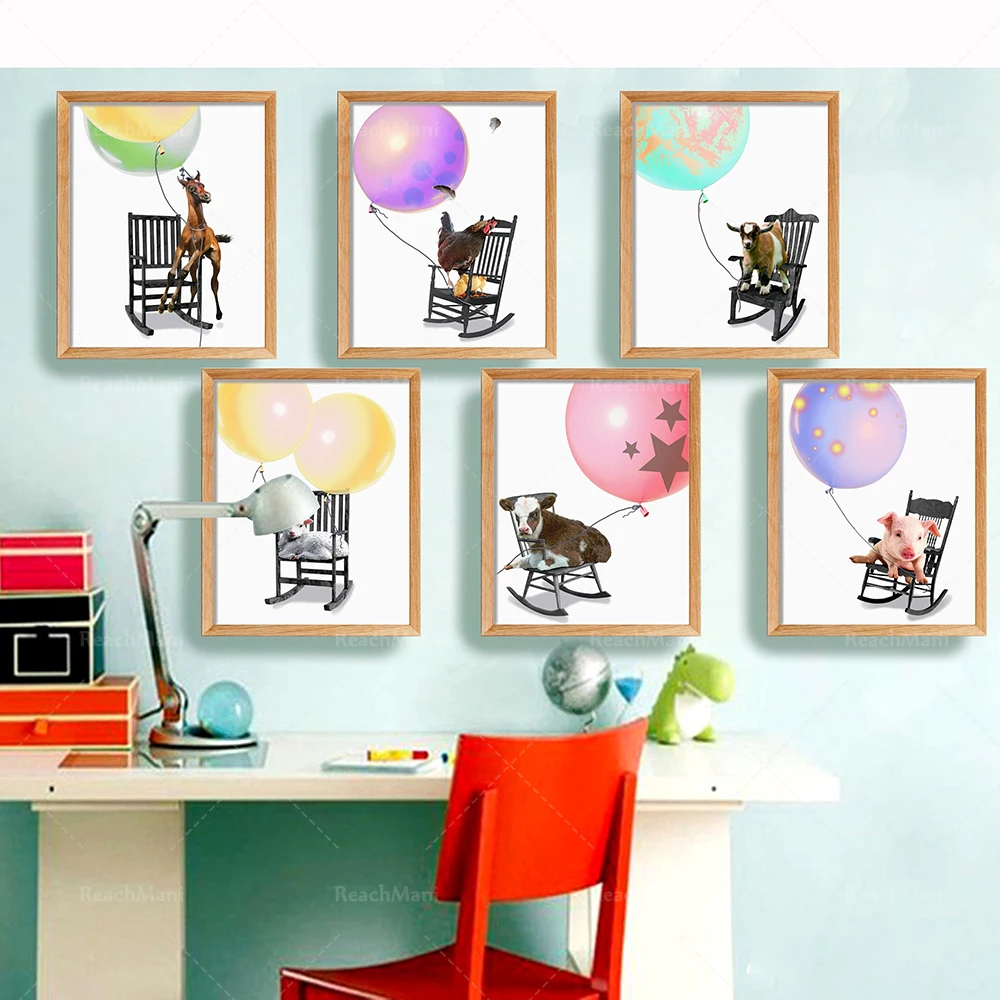 Baby Farm Animal Prints, Deer Rabbit Fox Raccoon Cow Pig Horse Pulcino Wall Art Zoo Decor, Palloncini Carini Oversize Nursery Poster