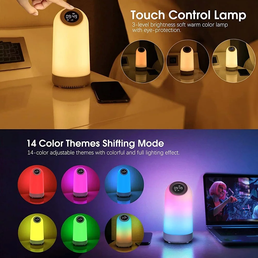 

Wireless Bluetooth Speaker Musical Night Light Portable Digital Alarm Clock Rechargeable Touch Dimmable Bedside Lamp