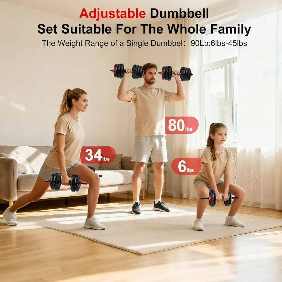Adjustable Dumbbell Set,90LB(45LB Pair) Free Weight Set with Connector, 4 in1 Dumbbells Set Used as Barbell, Kettlebells, Push u