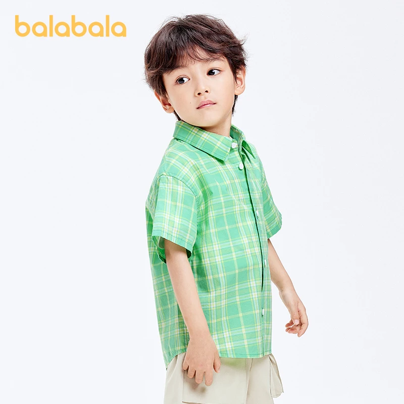 Balabala 아동용 반팔 셔츠, 남아용 의류, 베이비 탑, 2024 여름 신상 유행, 오픈 프론트 디자인, 세련된 격자 무늬 패턴