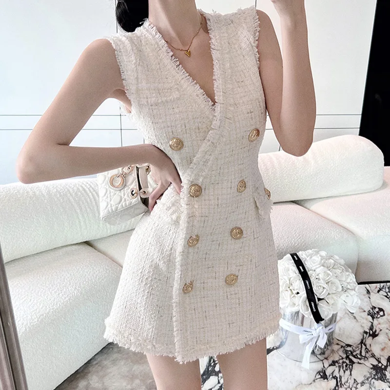 

Stylish Elegant Tweed Dress Women Korean Summer V Neck Sleeveless Double-Breasted Mini Dresses Party White Vestidos
