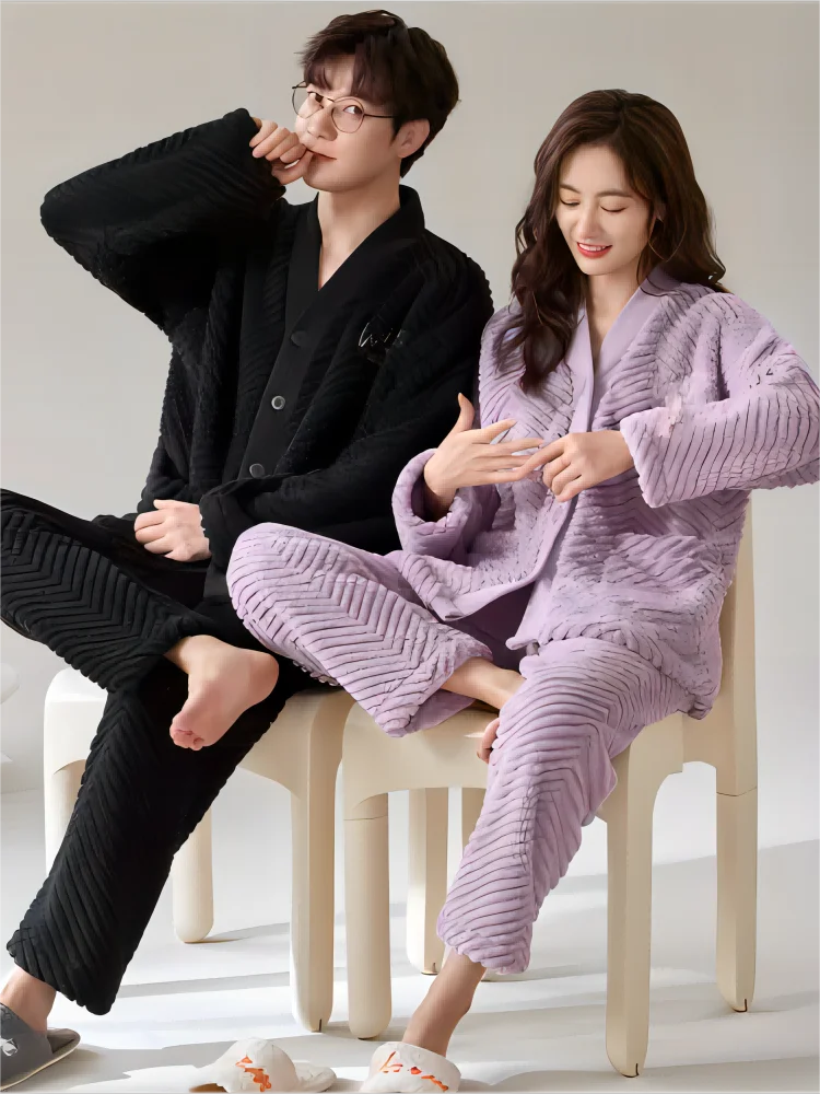 Couple Look Pijama Room Wear Winter Warm Sleepwear Big Size Pajamas Man Woman Set Korean Style Two Piece Nighty Dress Romantic