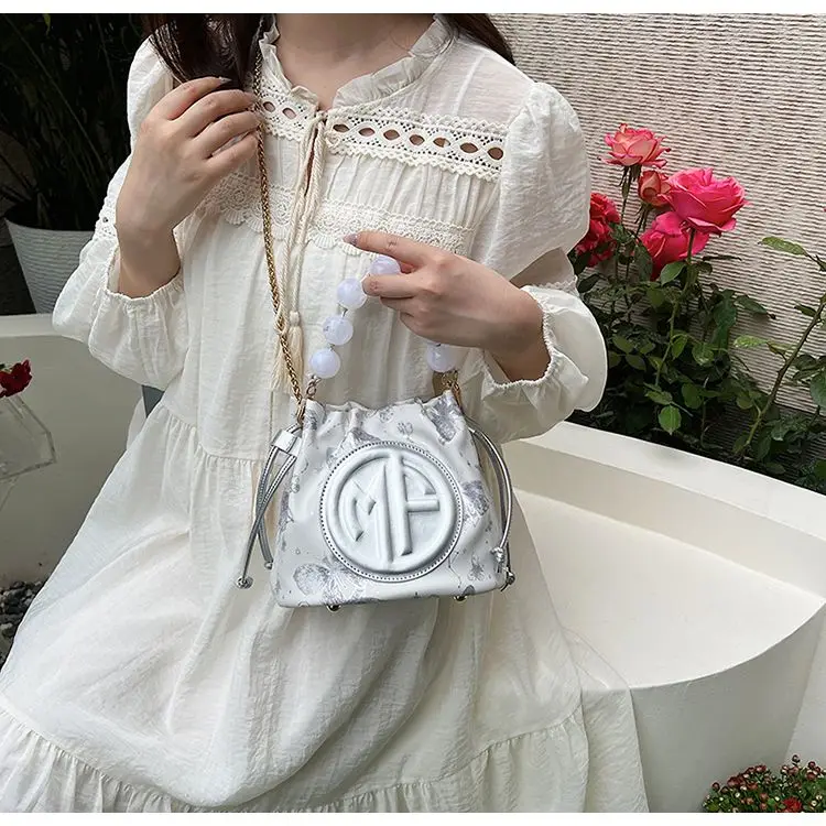 Sweet Drawstring Gather Bucket Bag Women Butterfly Print Patchwork Shoulder Bags Ladies Beaded Handle Elegant Crossbody Bag 2025