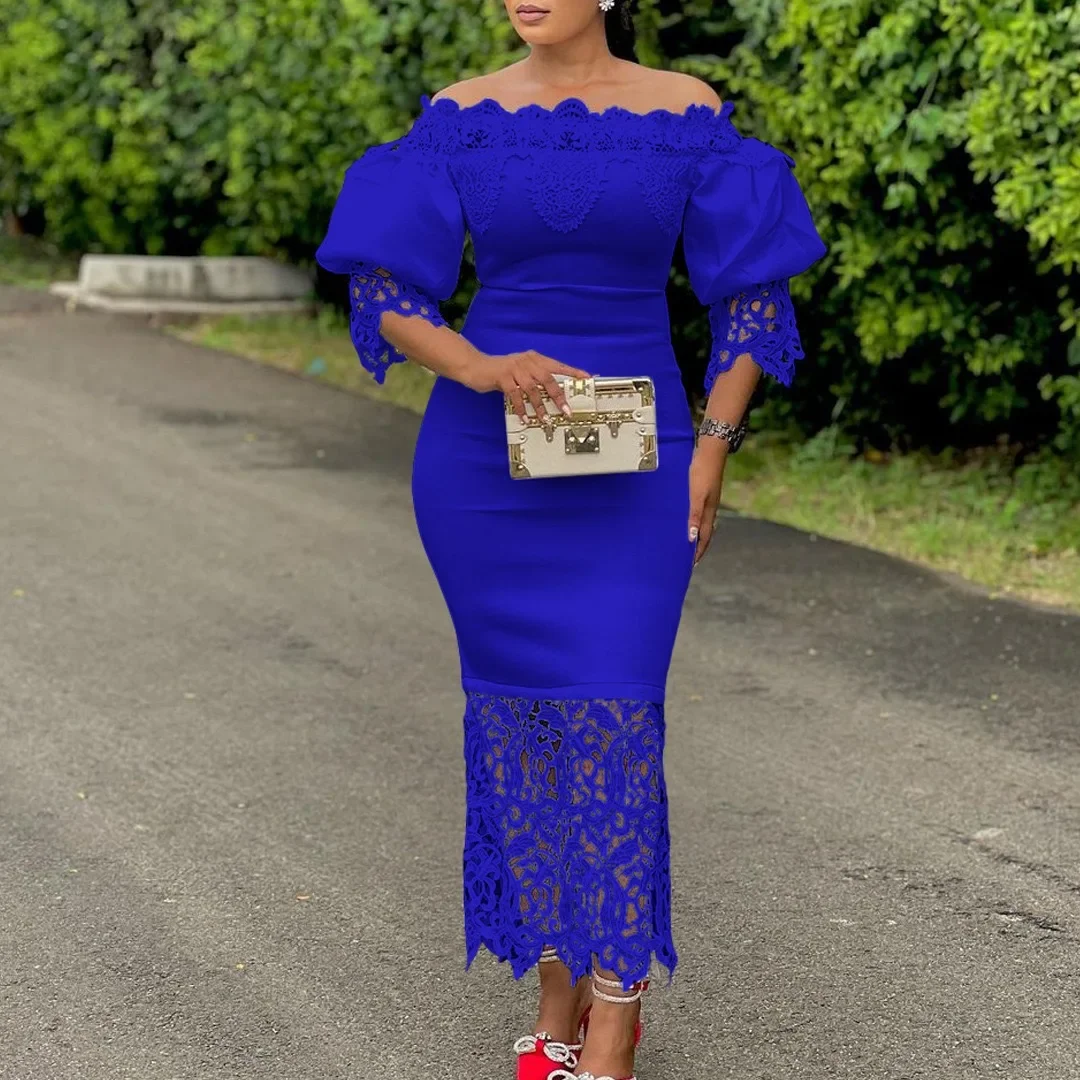 Elegant Dresses for Woman Off the Shoulder Lantern Sleeve Lace Patchwork Sheath Package Hips Ankle Length Luxury Birthday Dress