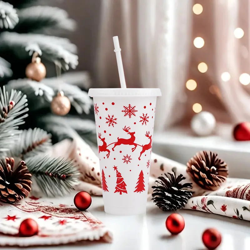 5Pack 24oz Christmas Plastic Cup with Lids Straws Reusable Christmas Juice Coffee Drinking Cups 2026 New Year Gifts Xmas Navidad