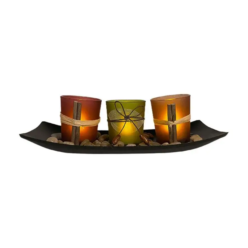 

Flameless Candles Flickering Flameless Battery Operated Candles Set Of 3 Decorations Ornaments With Decorative Leaf And Pebbles
