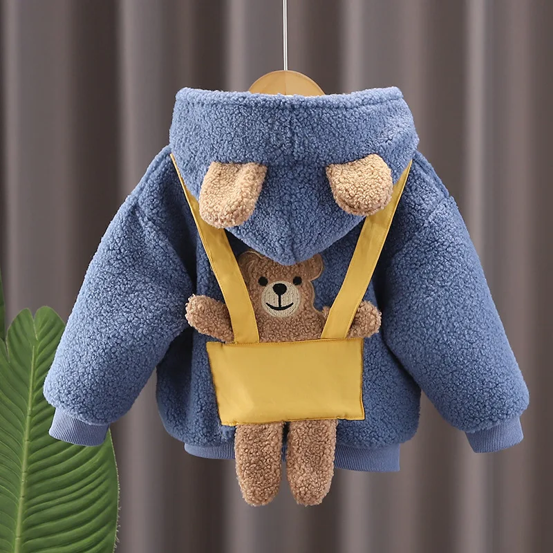 

2022 Winter Baby Boys Plush and Thicken Clothes Fashion Infant Kids Casual Zipper Hooded Jacket with Bear Doll Toddler Girls Top