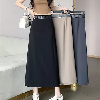 여자 치마 2023 새 여름 초가을 탄성 허리 감각 정장 높은 허리 단어 분할 긴 드레스 선물 벨트
