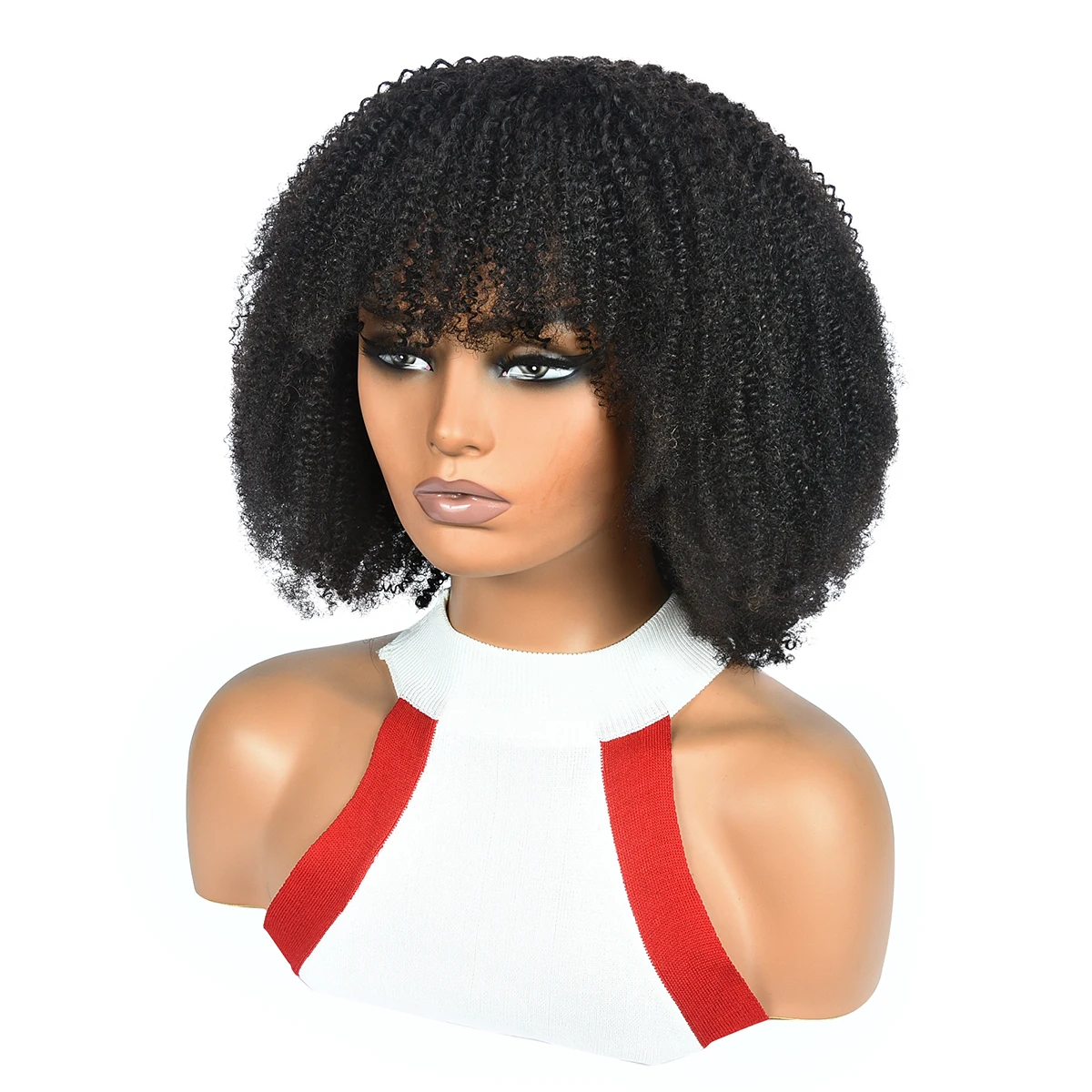 미스 로라 아프로 곱슬머리 인모 가발 250% 밀도 전체 기계 제작 곱슬머리 인모 가발 앞머리 포함 레미 풀 헤어 가발