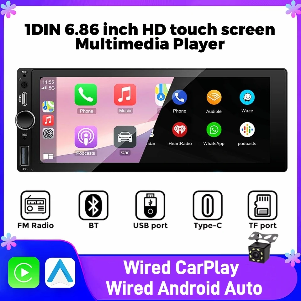 Car Multimedia Player IPS 6.9 Inch 1Din Wired Carplay Android Auto Radio MP5 Touch Screen Universal Autoradio Stereo