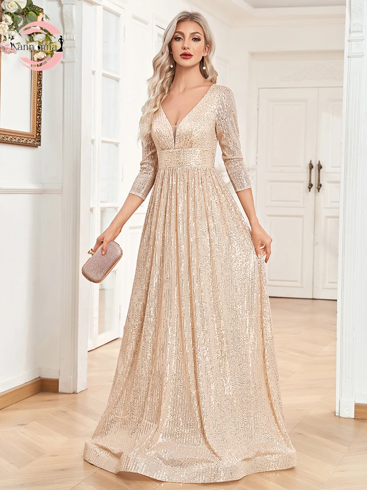 

Fannonnaf Modest Champagne Banquet Evening Dress A Line Elegant Wedding Party Prom Dresses Gown Sparkly Sequin Floor-Length Chic