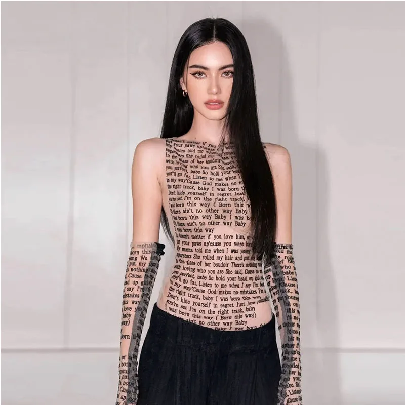 Europäischer und amerikanischer Stil, modisches Mesh-Gewebe, mit Buchstaben bedruckte Weste, Rundhalsausschnitt, ärmelloses Slim-Fit-Top, T-Shirt für Damen – Detail 12