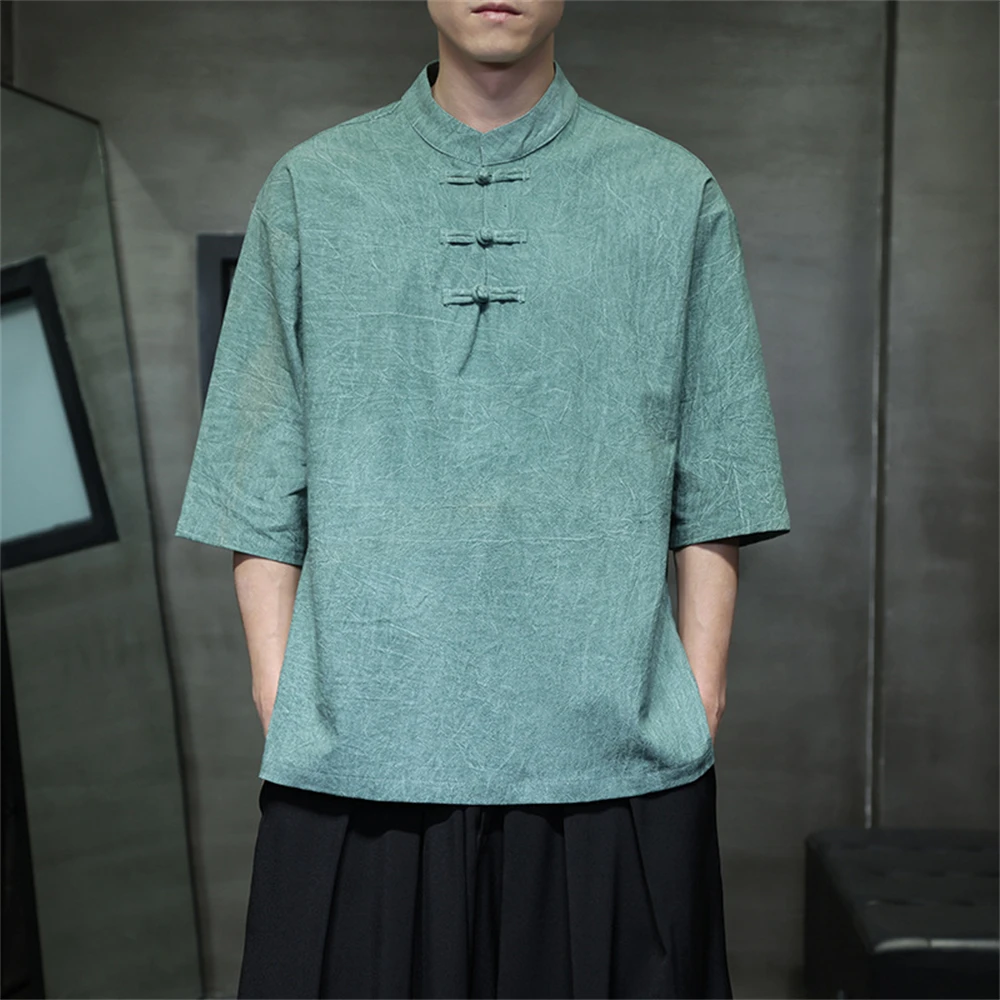 Men New Disc Buckle Cotton Linen Hanfu Tops Chinese Style Plus Size Fashion Casual T-shirt Male Loose Breathable Pullover
