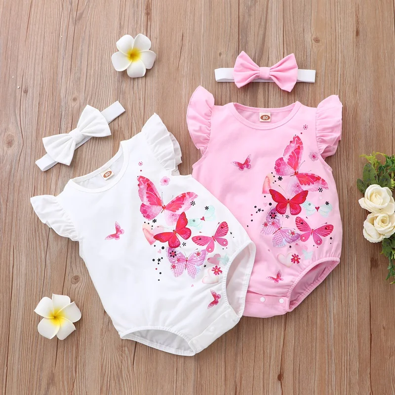 2022 New Summer Baby Clothes Girl Sweet 2 Pcs Sets Floral Bow Lace Baby Bodysuits+hat Party Birthday Princess Baby Rompers 0-18M baby bodysuit dress