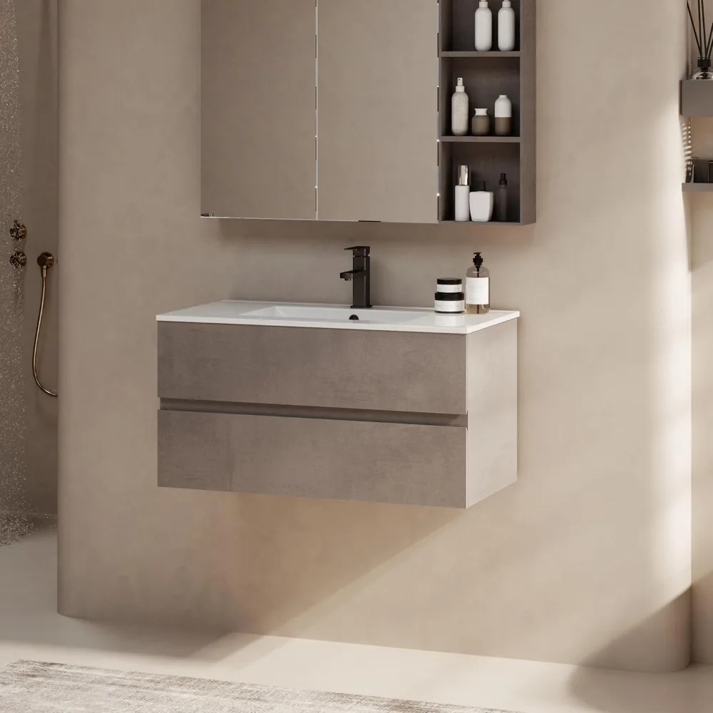36" Wall Mounted Bathroom Vanity with Sink Combo Set, Floating Bathroom Storage Cabinet w/Bevelled Invisible Handles,Cement Grey 2