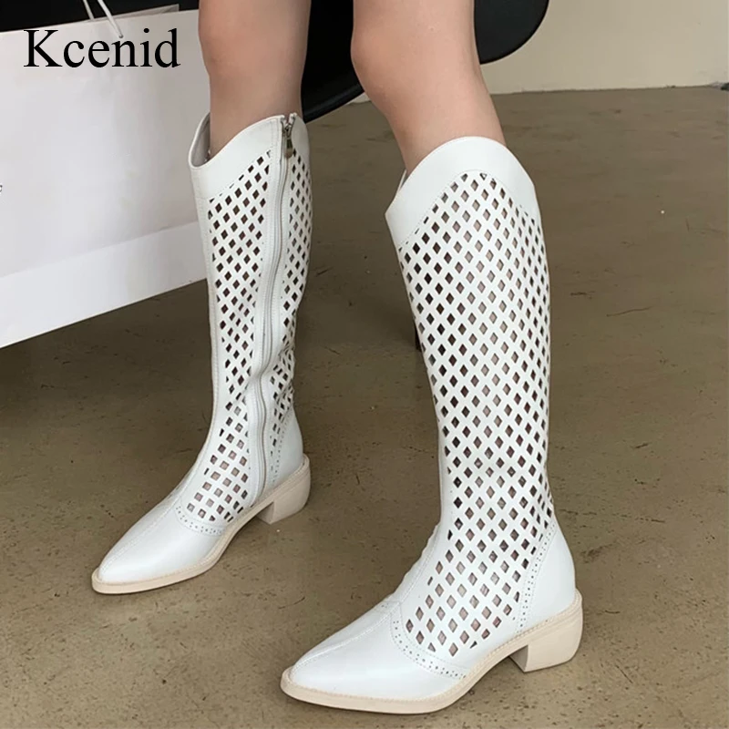 

Kcenid Women's Hollow Out Summer Knee High Boots 2022 Sexy Pointed Toe PU Leather Square Heel Woman Back Zipper Booties Shoes