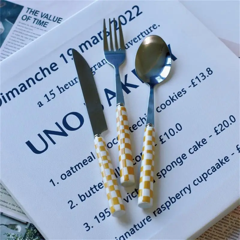 Korea Style Stainless Steel Knife Fork Spoon Three Pieces Creative Checkered Western Tableware Set 3pcs silicone spatula stainless steel spoon silicone kitchen utensils silicone cooking spoon wooden cooking spoon plastic rice spoon cooking scoop