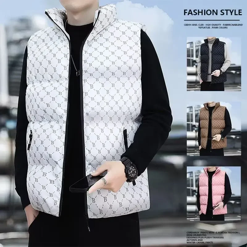 Autumn/Winter Trendy Men's Stand Collar Cotton Vest Casual Fashionable Motorcycle Rider Jacket for Youth Letter Outerwear