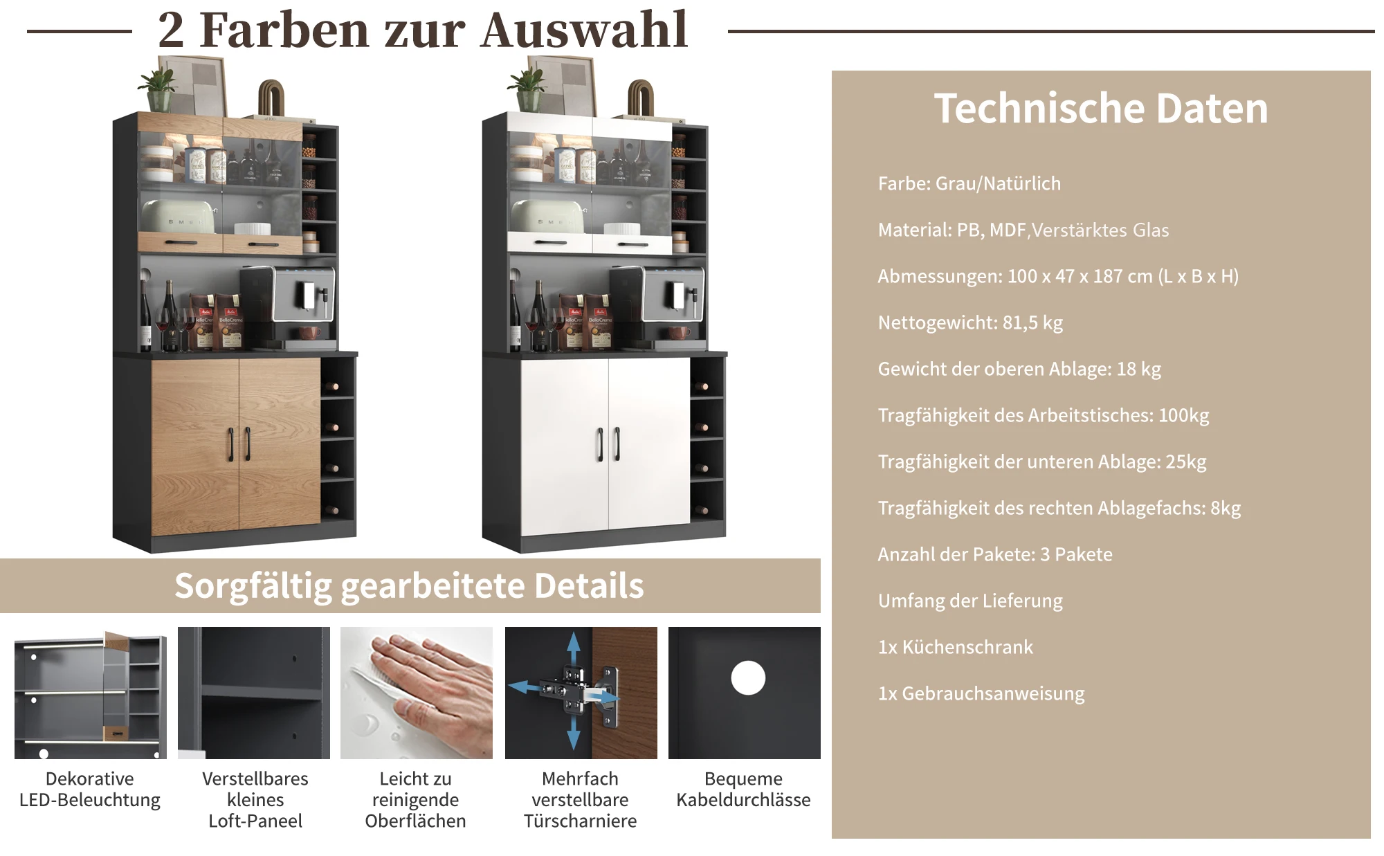 Küchenbuffetschrank mit LED-Leuchten | Freistehendes Highboard aus Holz | Großer Mikrowellenraum und verstellbarer Stauraum | Kabellöcher. – Detail 3