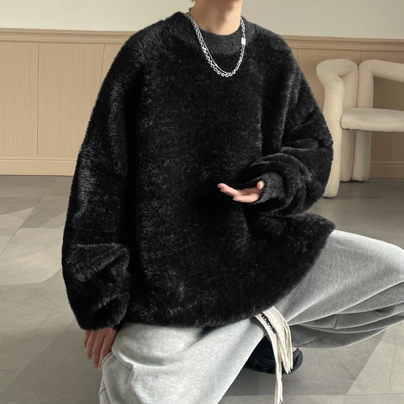 Men's Sweaters Round Neck Solid Color Korean Style Soft Pullovers Loose Casual Winter Knitwear Outwear
