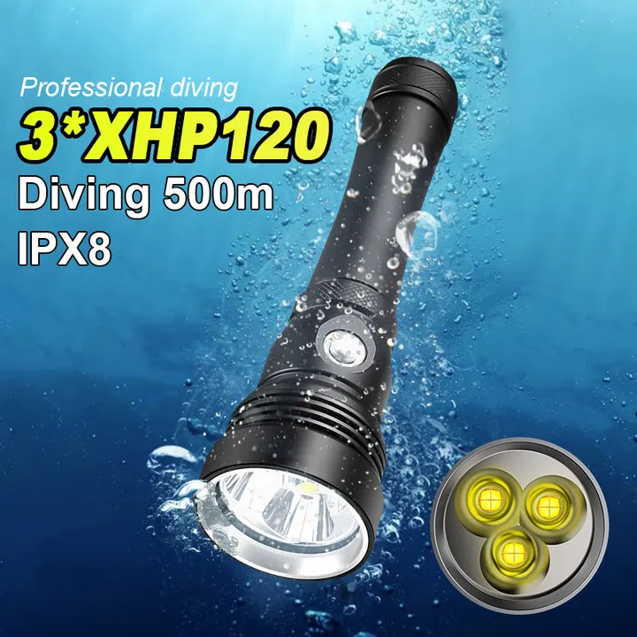 

Super Bright Powerful Diving Flashlights 3*XHP120 LED Professional Scuba Diving Torch Highest Waterproof IPX8 Underwater Lights