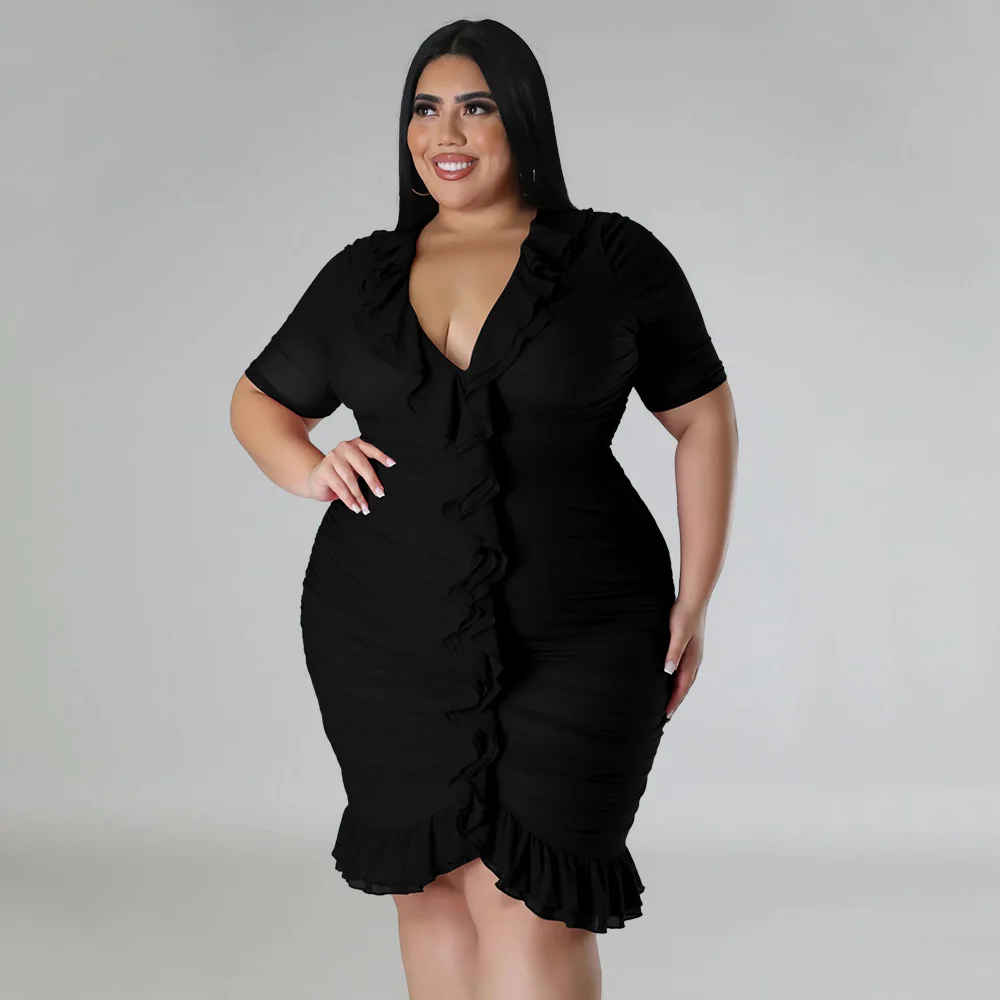 Plus Size Curvy Woman Dress Ruffle Short V Neck Cloth Female Fashion Luxury Elegant Gown 2023 Spring Evening Party New In Dress
