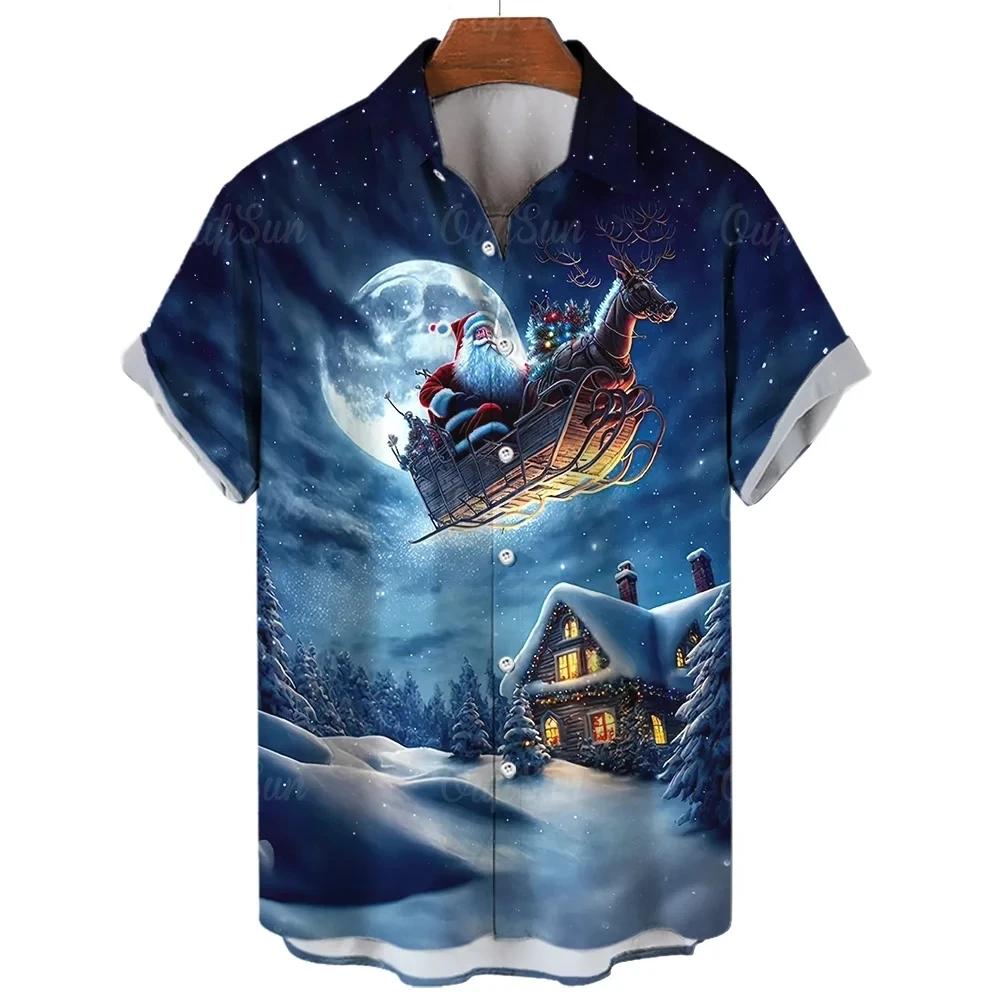Snowman Christmas Tree Claus Santa Presents Ice Bear Mens Hawaiian Shirt 3d Print Short Sleeved Top Beach Party Clothes Loose 6