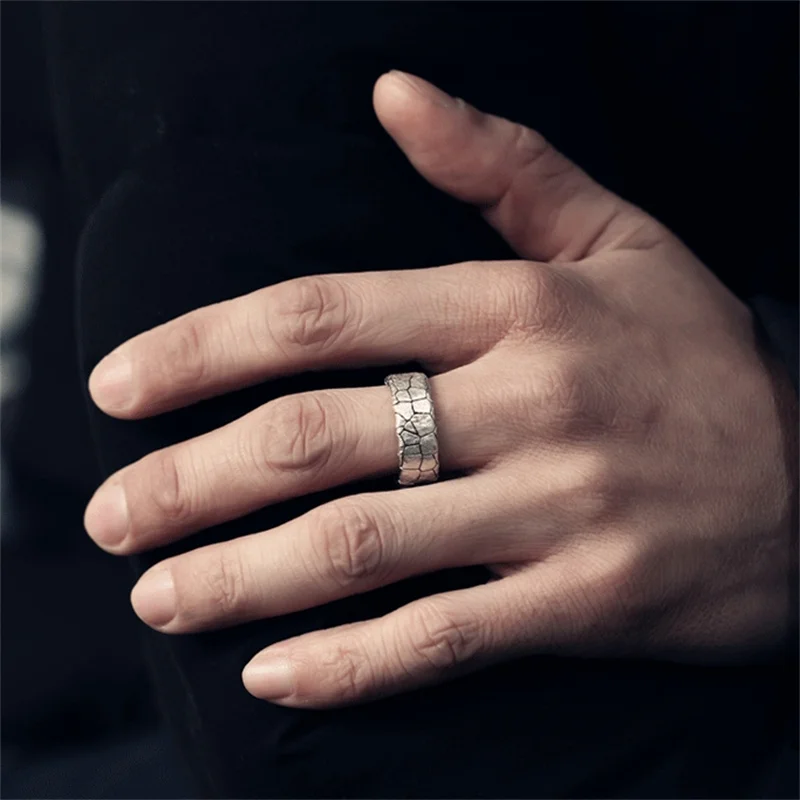 Trendiger Ring mit rissigem Steinmuster für Herren, Schmuck, beliebter Ring aus 925er Silber, Retro-Party-Accessoires für Männer – Detail 4