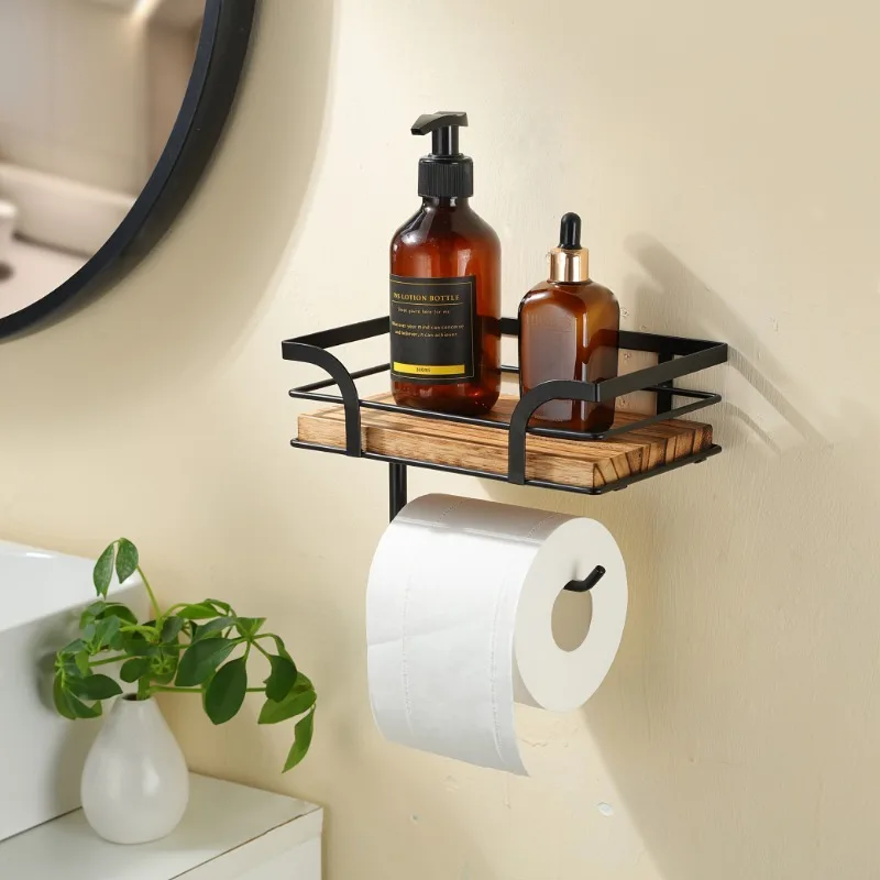 1pcs Wall-Mounted Toilet Paper Holder Solid Wood & Iron Bathroom Hotel Storage Shelf Space-Saving Roll paper Organizer 2