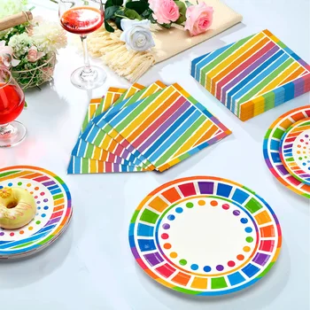 Rainbow Party Supplies,94pcs Party Decorations&Tableware Set-Rainbow Party Plates Napkins Cups & Rainbow Balloons Banner etc 4