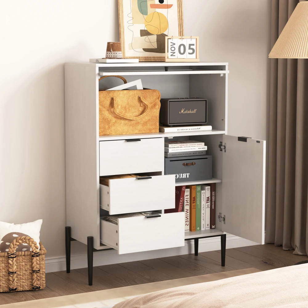 Holz-Sideboard mit 3 Schubladen, 1 Tür, 1 Glastür, Stauraum für Küche, Esszimmer, Flur, 85 x 40 x 120 cm – Detail 2
