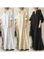 Cotton Dress Summer Elegant Solid Shirt Dress Women's Sundress Casual Lantern Half Sleeve Maxi Vestidos Female V Neck Robe