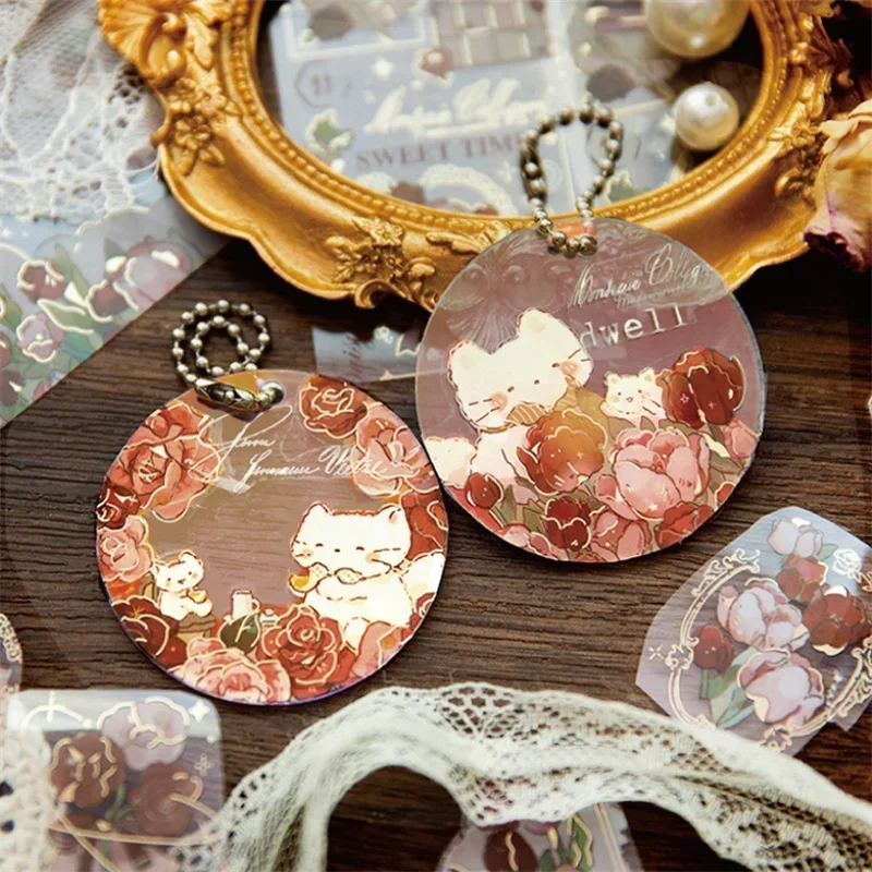 1Roll Tape Vintage Rose Decoration Adhesives Round Roll PET Handbook Material Scrapbook Cut Supplies 45MM*30CM 6