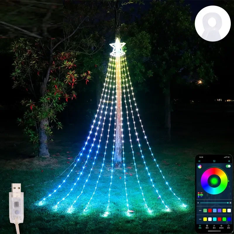 

LED Star Waterfall Lights, Solar Outdoor Camping Light, EU/US String Lights For Window Curtain Ornamen Christmas Tree, Party
