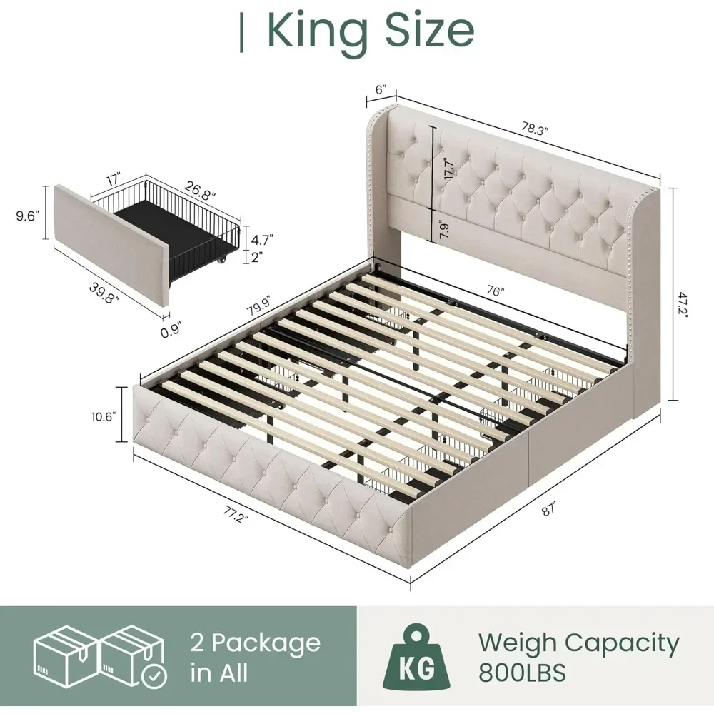 Bed Frame with 4 Storage Drawers and Tufted Headboard Linen Upholstered Frame Wingback Beds with Wooden Support, Easy Assembly 2
