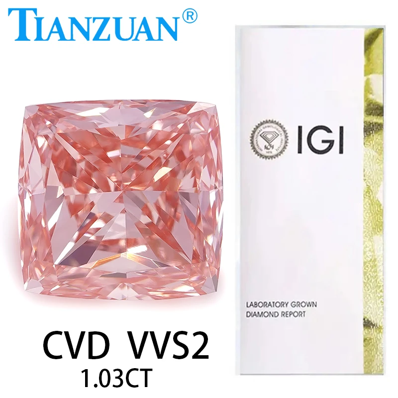 

1CT Cushion Shape Lab Grown Diamond CVD Fancy Vivid Pink Color VVS2 Loose Gemstone Bead with IGI Certified