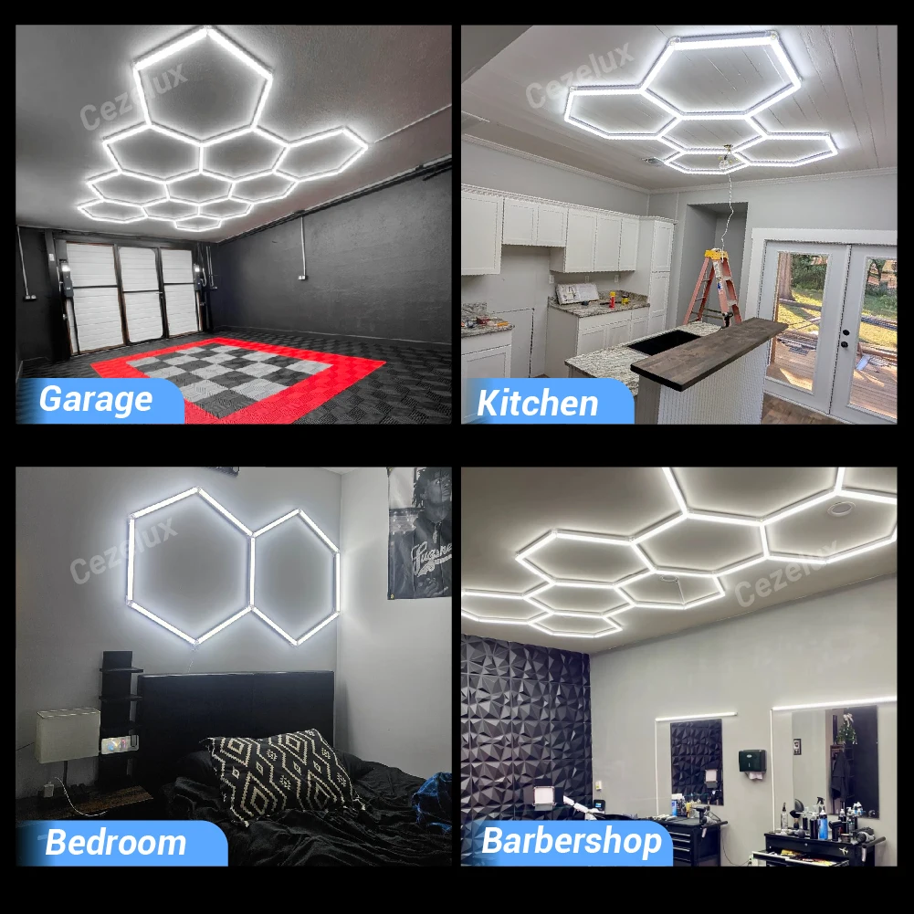육각형 허니콤 LED 차고 천장 조명 5500-6000K 85-265V 광전압 자동차 디테일링 샵, 이발소, 체육관, 세차장용