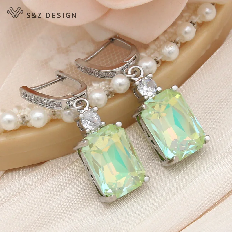 S&Z DESIGN New Fashion 585 Rose Gold Color Rectangle Crystal Dangle Earrings For Women Wedding Cubic Zirconia Eardrop Jewelry