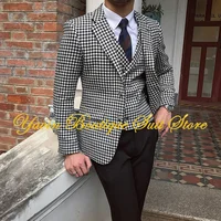 Black and White Plaid Men's Suit 3 Pieces Jacket Pants Vest Set Tweed Blazer Wedding Tuxedo Formal Man Suits 1